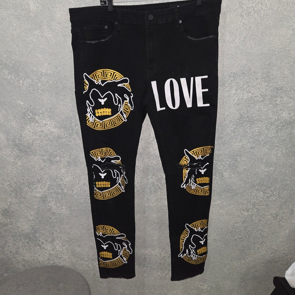 LOVE Mens Black Graphic Distressed Slim Jeans Skull Gold Greek Key 40X34 NEW